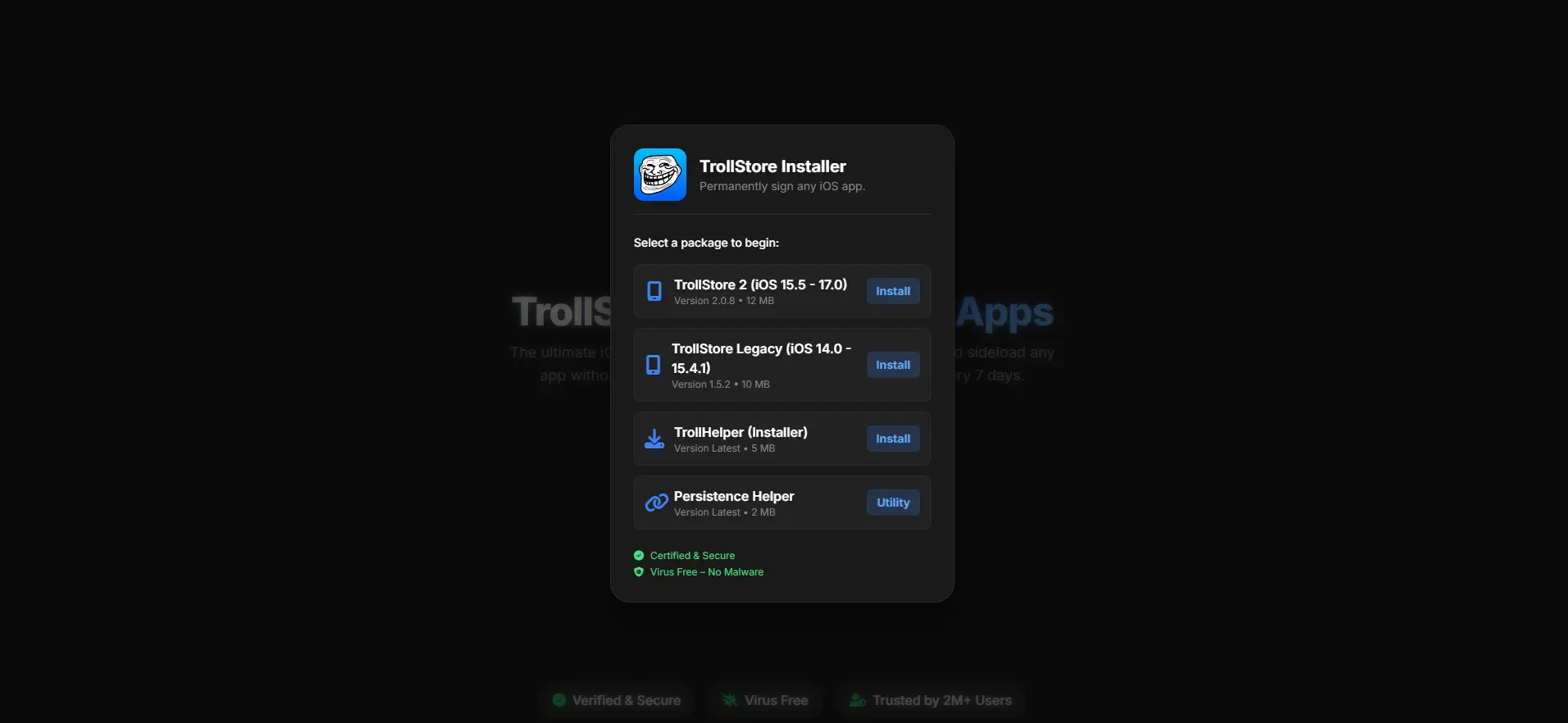 A screenshot of the TrollStore settings menu, highlighting options like 'Install ldid' and the ability to select a Persistence Helper for app registration.